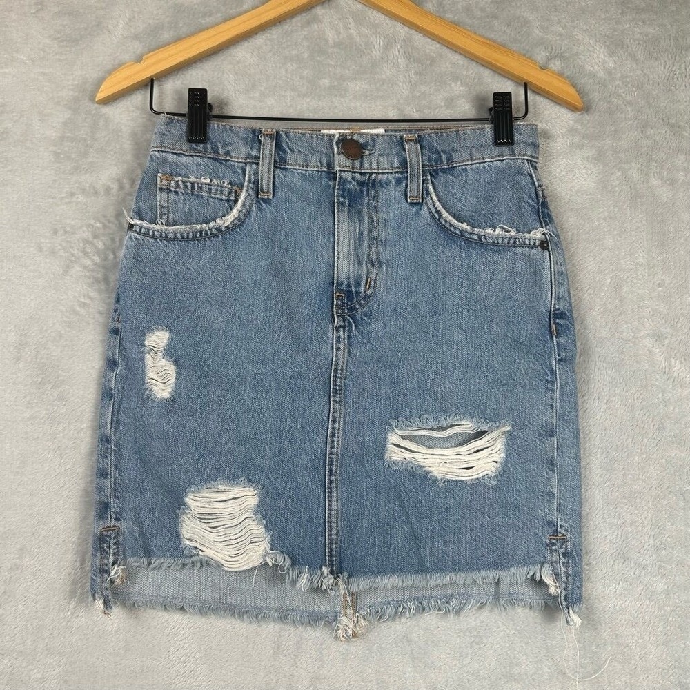 Current Elliott High Waist Mini Skirt Prep Destroy Distressed Denim 24‎ Blue